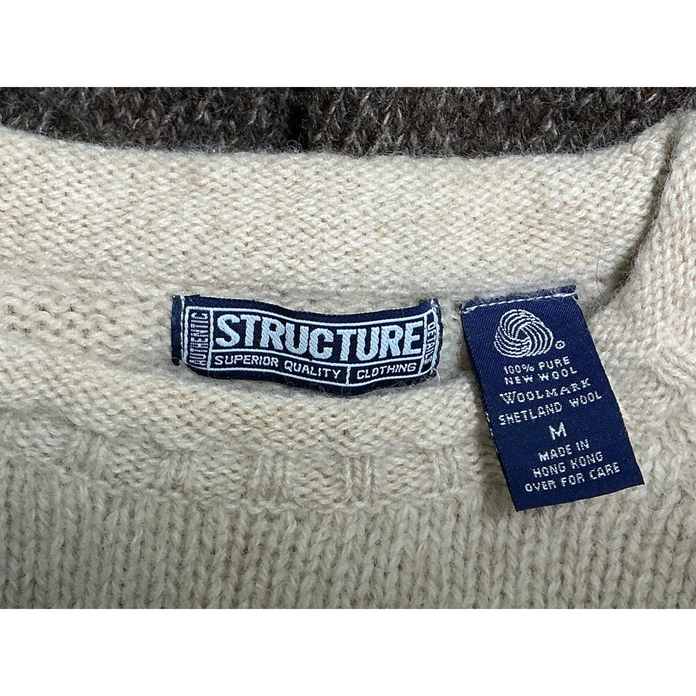 Structure Shetland Wool Fair Isle Sweater mens Medium Brown Cream Crewneck Knit - Picture 8 of 9